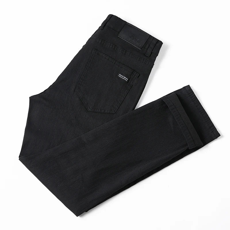 Men's pure black jeans Korean version trendy straight fit pants men's comfortable and elastic classic business denim