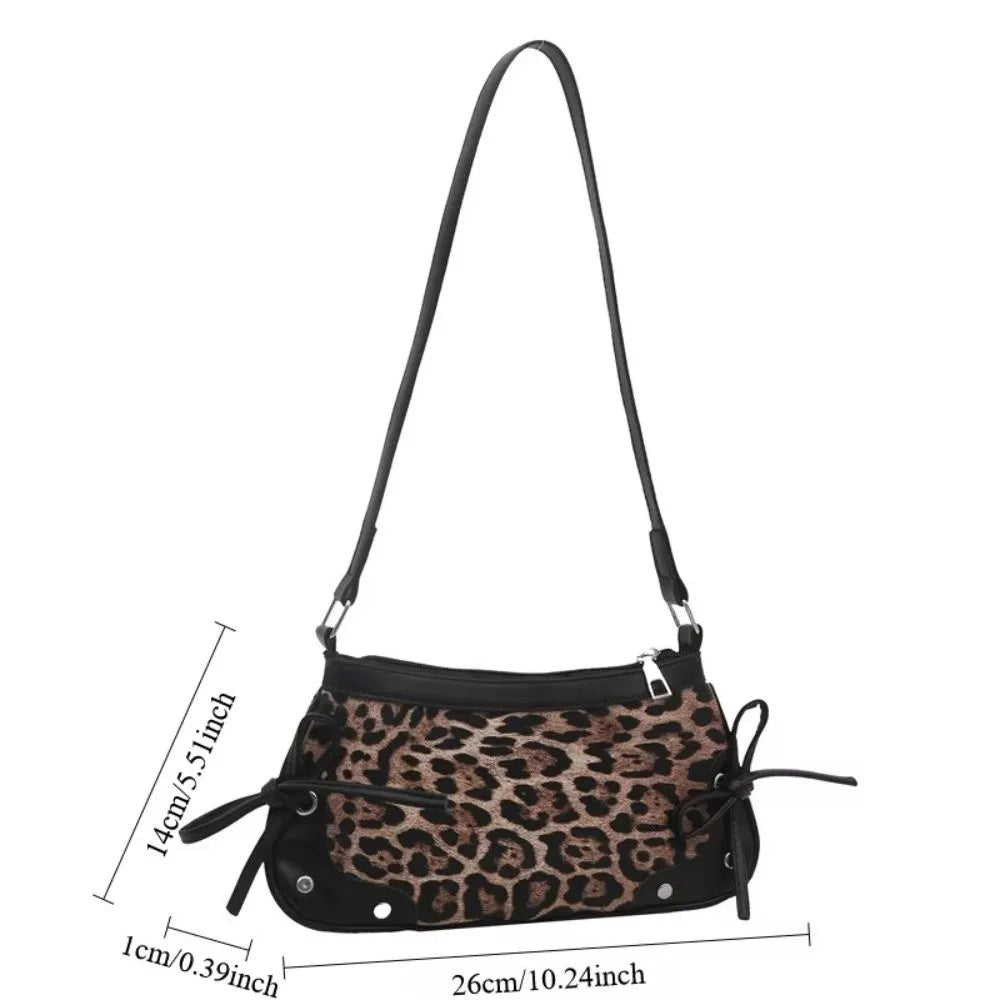 Retro Simple Double Bow Shoulder Bag Leopard Print PU Armpit Bag Women's Bag Women