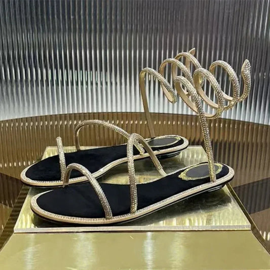 2025 Fashion Women Summer Gladiator Sandals Flat Heels Twine Around Ankle Strap Gladiator Sandal Wedding Beach Slides Rhinestone