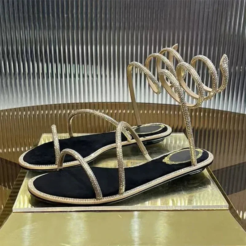 2025 Fashion Women Summer Gladiator Sandals Flat Heels Twine Around Ankle Strap Gladiator Sandal Wedding Beach Slides Rhinestone