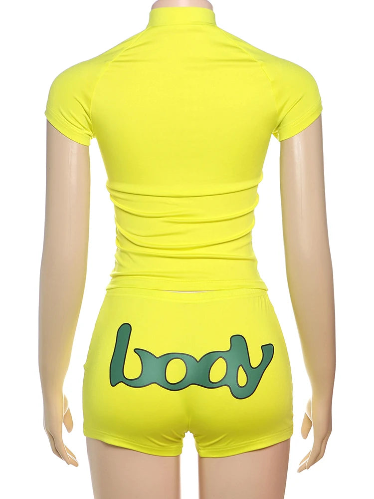 Weird Puss Letter Print Women2 Piece Set Casual Sporty Zip Crop Tops+Shorts Matching Streetwear Stretch Skinny Streetwear Suits