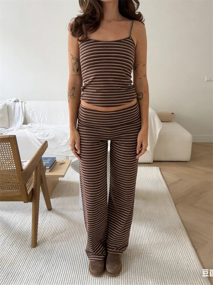 Women Vintage Outfits Pajamas Striped Lounge Sets Summer Sleeveless Strappy Cami Crop Tops + Micro Long Pants
