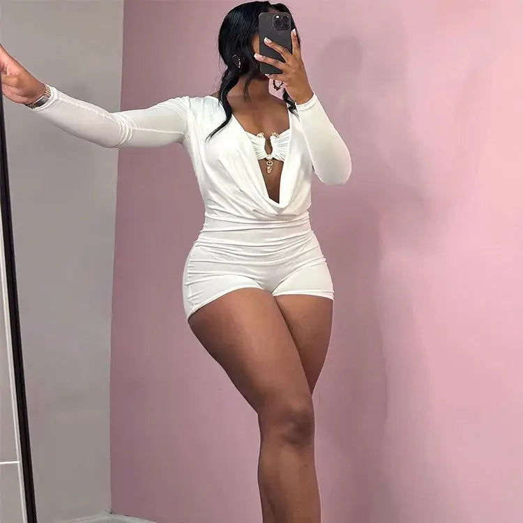 Swing Collar Romper & Metal Buckle Bra Set — Women's Party