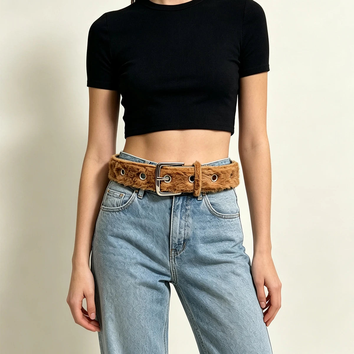 Gothic Y2K Women Belts Fashion Artificial Vivid Animal Fur Waistband Ladies Hip hop Punk Accessories Pink Jeans Waistband winter