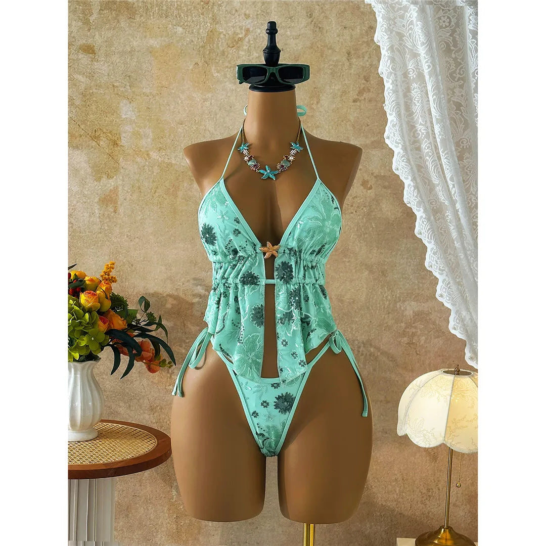 Glitter Sequin Printed Tankini Halter Bikini Women Swimwear Female Swimsuit Bather Bathing Suit Swim Two-Pieces Bikini Set K8067