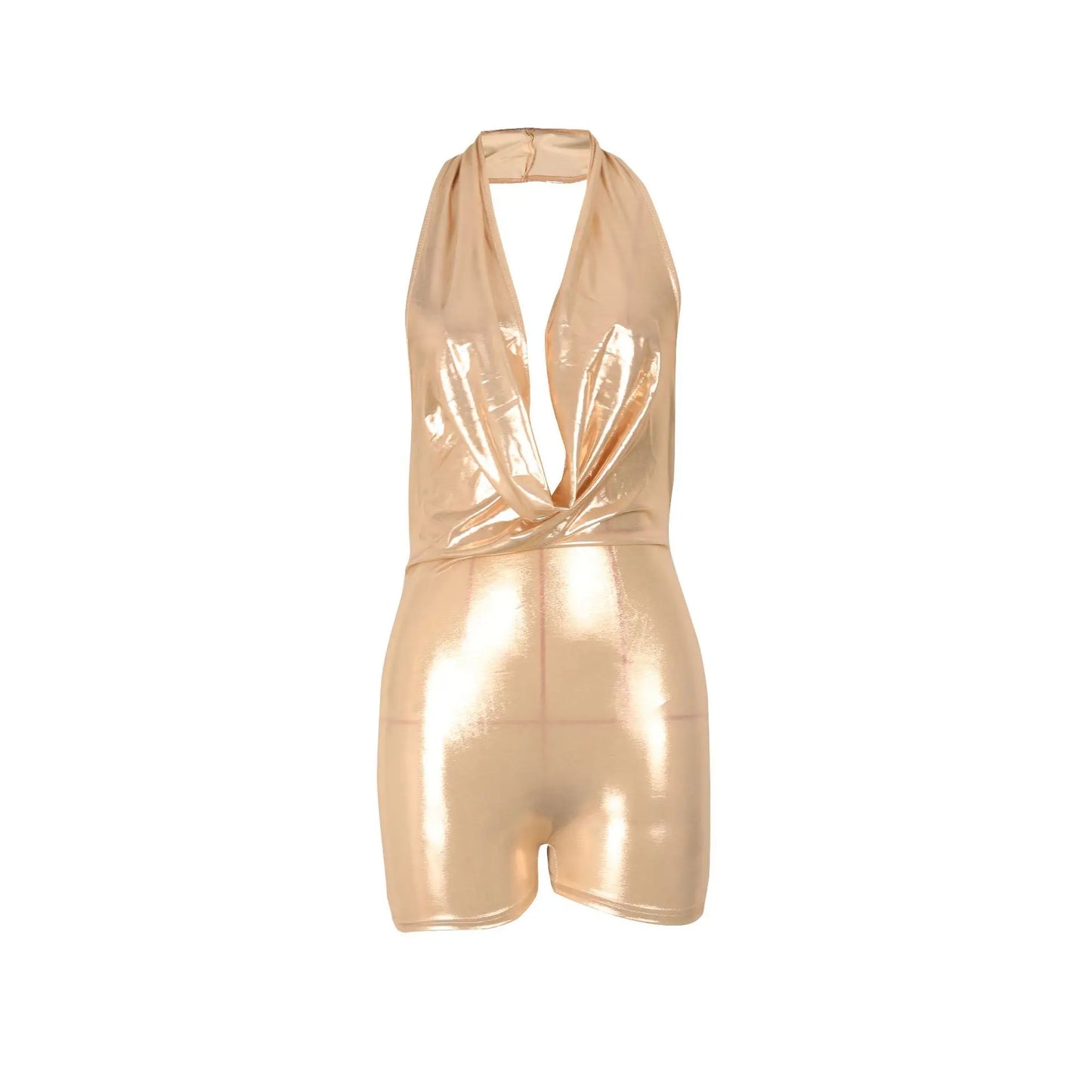FAGADOER Halter Sexy One Piece Rompers Women Shiny Metallic Deep V-neck Backless Sleeveless Bodycon Overalls Hot Girl Clubwear