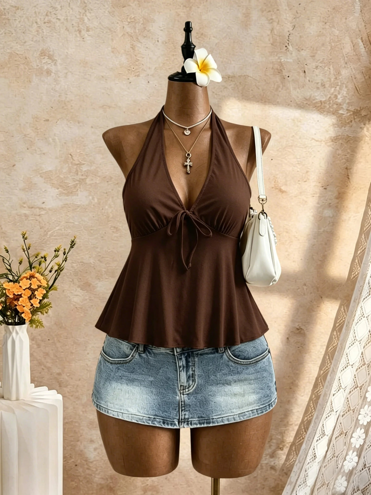 Women Halter Deep V Neck Front Self Tie Flared Peplum Camisole 2026 Summer Y2K Solid Color Sleeveless Flowy Beach Vacation Tank