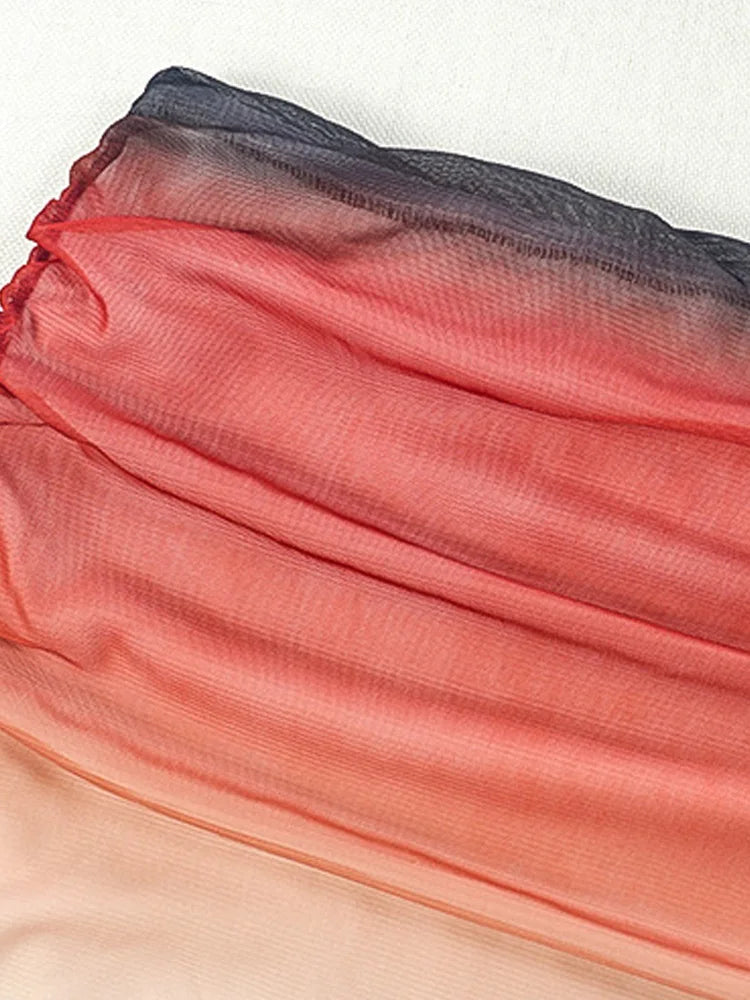 Kricesseen Sexy Gradient Halter Neck Mesh Ruched Ombre Two Pieces Dress Summer Sheer Mesh Long Straps Skirt Set Swimsuits Set