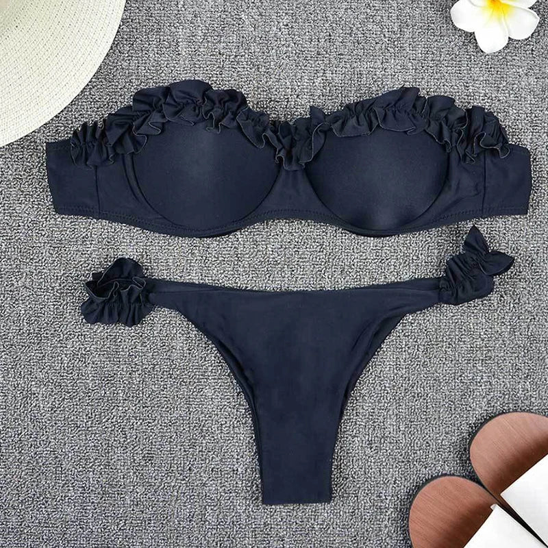 Solid Bikini Set Women Swimsuit Chic Ruffles Micro Bikini Split Bathing Suit Summer 2025 New Beach Spice Girl Swimwear
