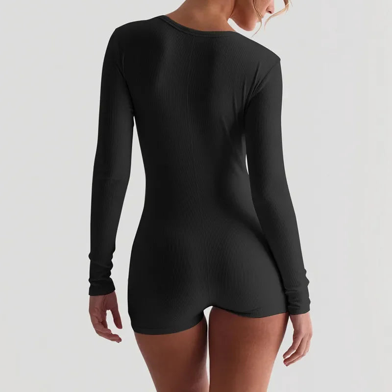 Skinny Ribbed Summer Yoga Jumpsuit Female Rompers Long Sleeve High Waist Solid Bodysuit Streetwear Women's Fashion Rompers 2024