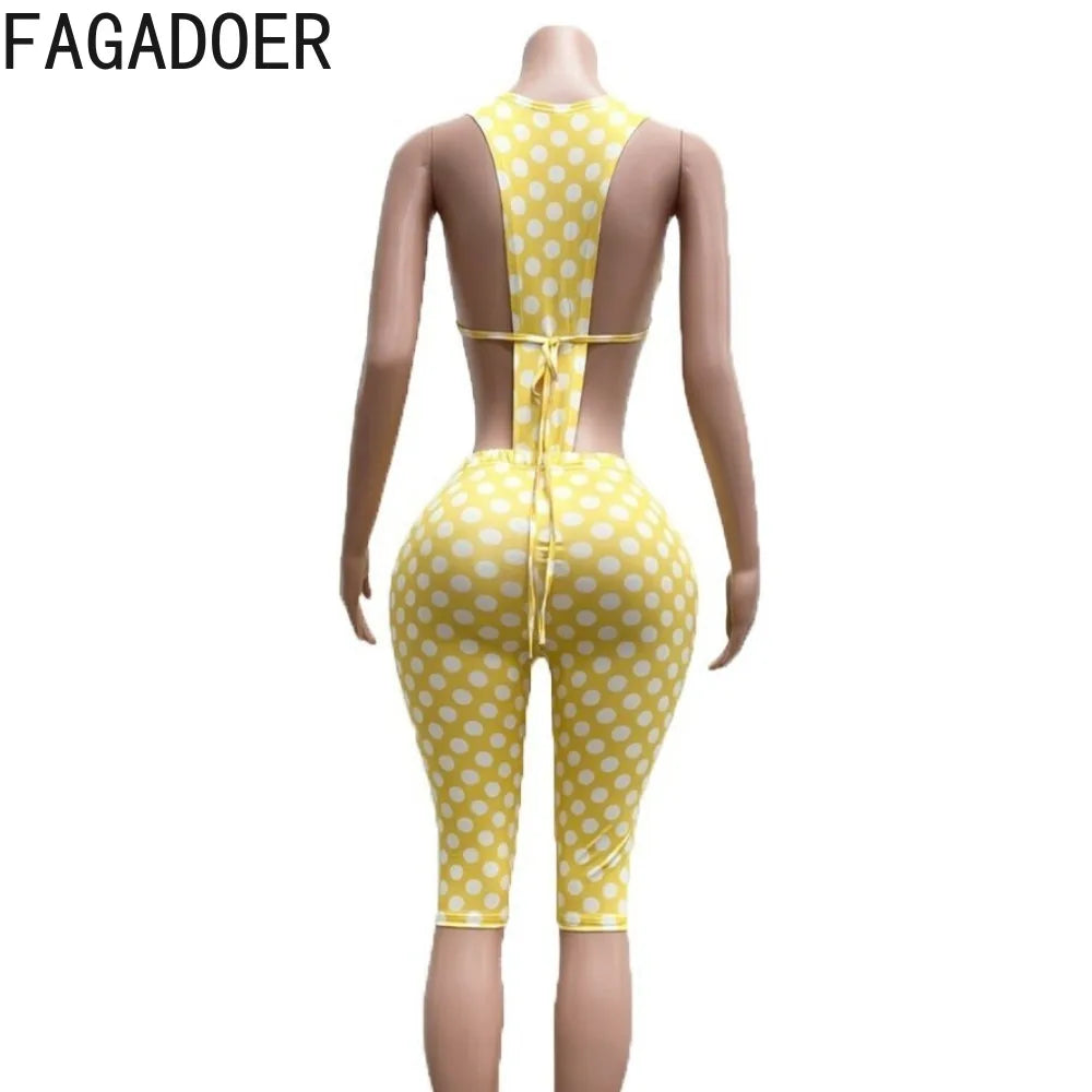 FAGADOER Retro Polka Dot Printing Deep V Two Pieces Sets Sexy Off Shoulder Bandage Bodysuits Top and Bodycon Shorts Outfits New