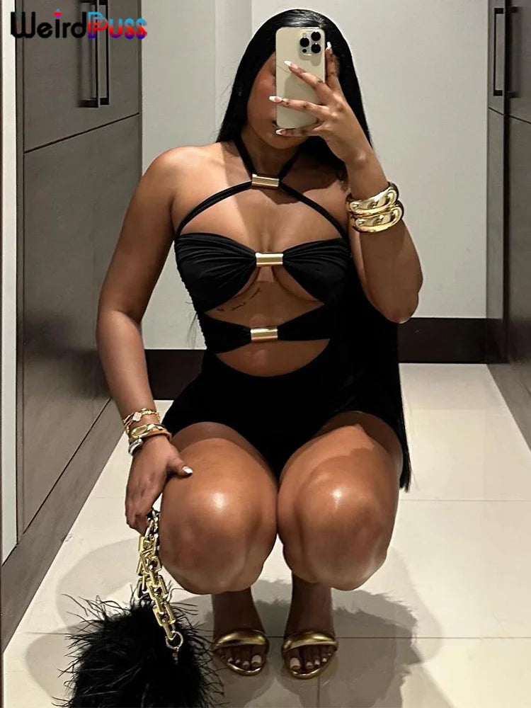 Weird Puss Ruched Romper Women Chic Metal Buckle Hollow Backless Halter Sleeveless Hipster Stretch Luxury Slim Playsuit Clubwear