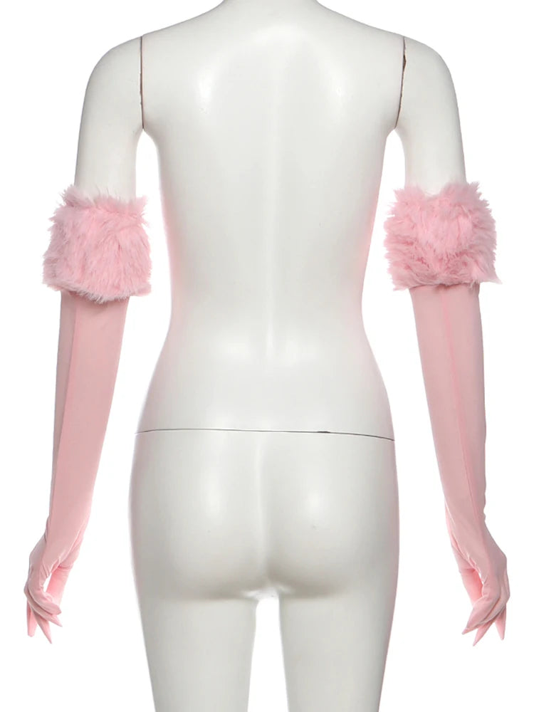 Weird Puss Christmas Furry Strapless Tops Women Patchwork Sexy Long Gloves Matching Birthday Luxury Classic Midnight Clubwear