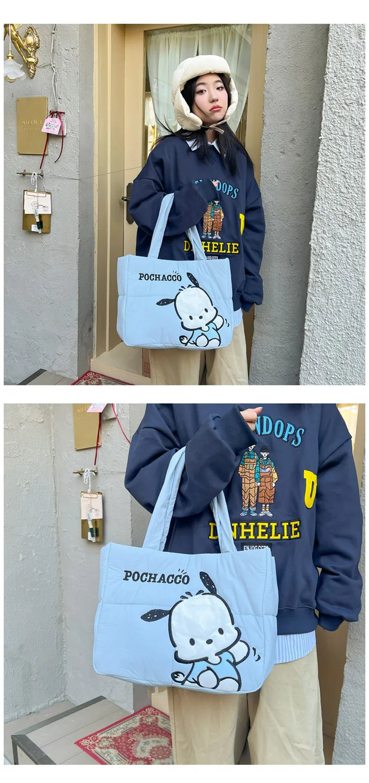 Sanrio Kawaii Hello Kitty Kuromi Tote Bags Cute My Melody Pochacco Cartoon Down Cotton Large Capacity Shoulder Bag Gifts Girls