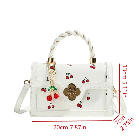 Cute Cherry Printed Handbag Shoulder Bag, Woven Handle Square Tote Bag, Fresh Design Women's Crossbody Bag, Stylish Women Bag