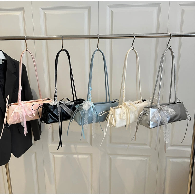 Korean Bow Ribbon Handbag Fashion Lace Square Shoulder Bag French Elegant Baguette Bag Leisure Large Capacity Tote Underarm Bag