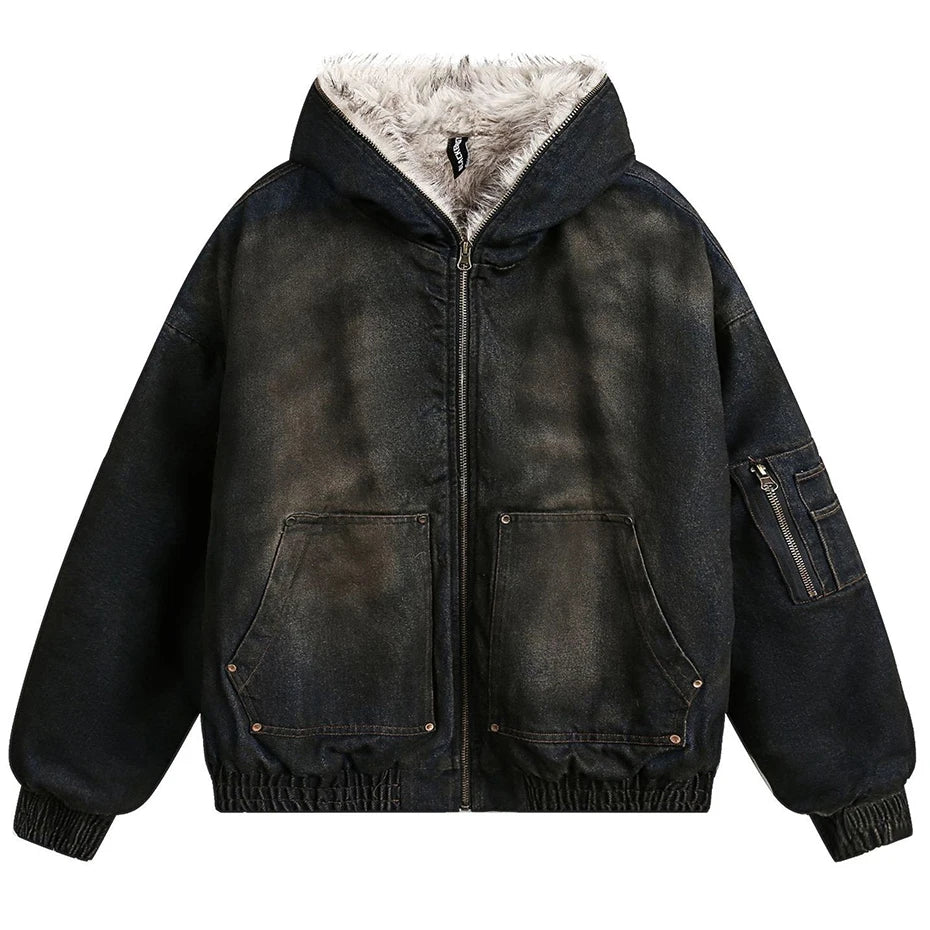 Vintage Denim Parkas Fur Warm Padded Jackets Men Streetwear Harajuku Oversized Bubble Coat Outwear