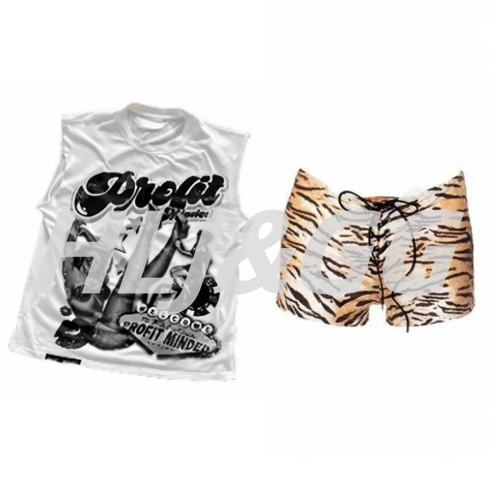 HLJ&GG Fashion American Vintage Style Pattern Print Two Piece Sets Women O Neck Sleeveless Top And Tiger Bandage Shorts Outfits