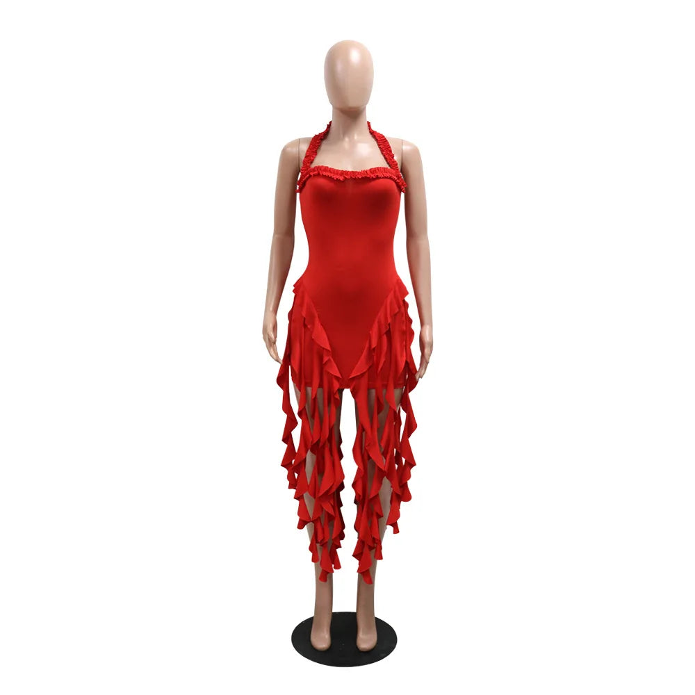 Weird Puss Sexy Halterneck Dress Women Chic Irregular Tassel Hem Backless Midnight Skinny Stretch Birthday Party Club Bodycon