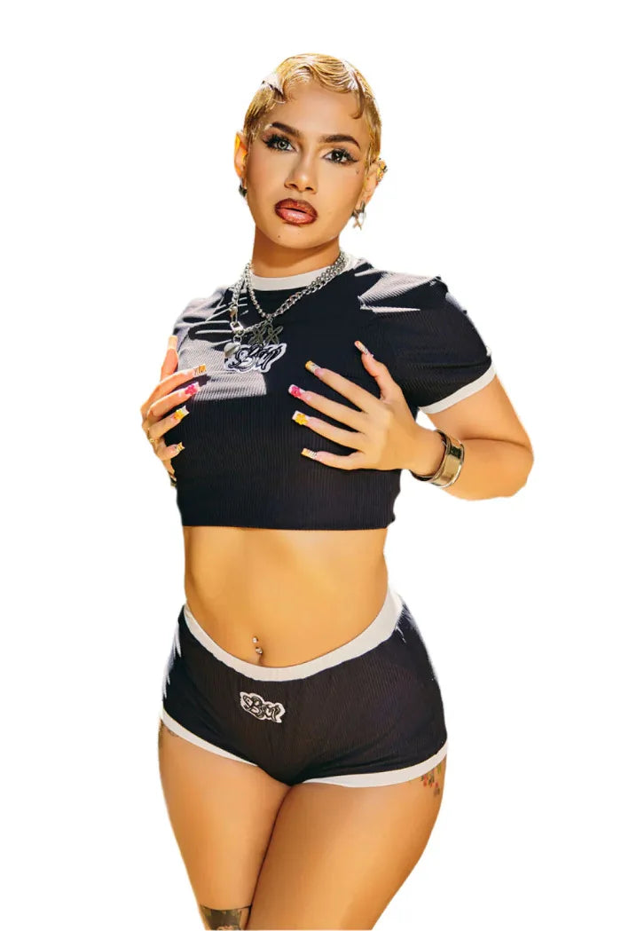 HLJ&GG Y2K Fashion Hot Girl Embroidery Two Piece Sets Women Round Neck Slim Crop Top And Shorts Outfits Summer New 2pcs Outfits