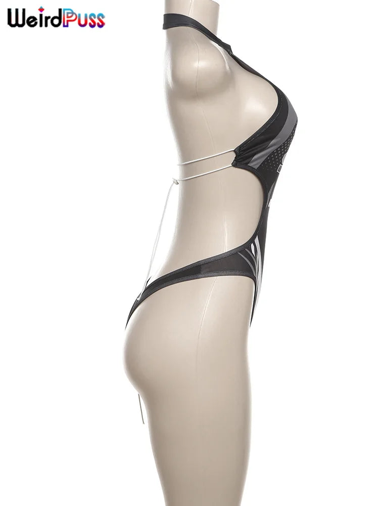 Weird Puss Halter Hollow Bodysuit Woman Summer Backless Straps Zipper Sexy Print Wild Fashion Trend Streetwear Skinny Clubwear