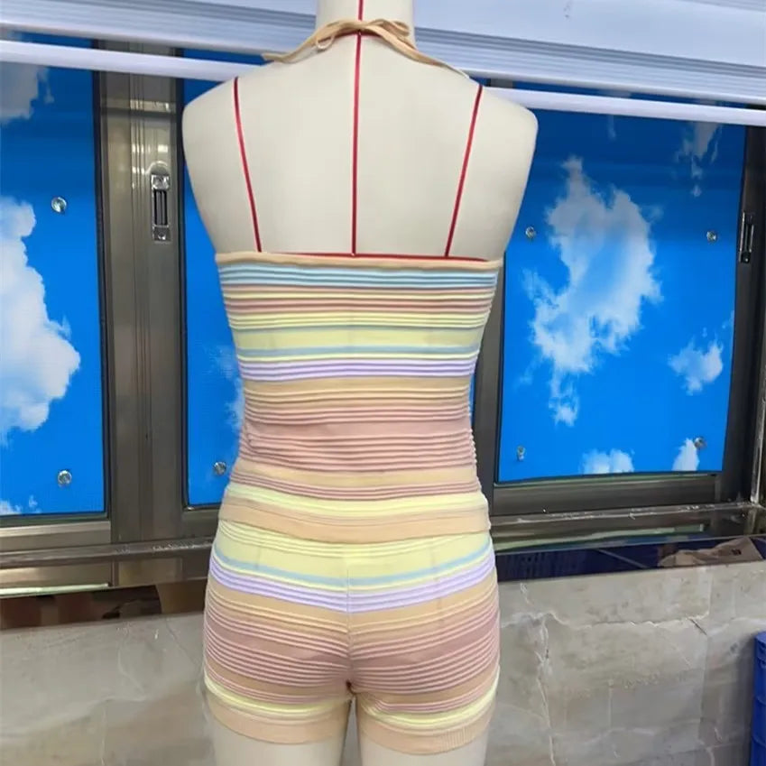 Women's Pastel Rainbow Striped 2 Piece Outfit Halter Neck Crop Top and Biker Shorts Knit Co-ord Set for Summer Streetwear