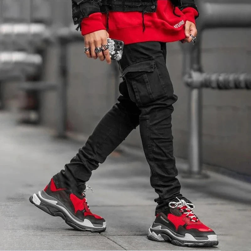 Men Street Elastic Denim Wash Solid Color Multi Pockets Cargo Pants Casual Slim Fit Daily Wear Joggers Mid Waist Trousers