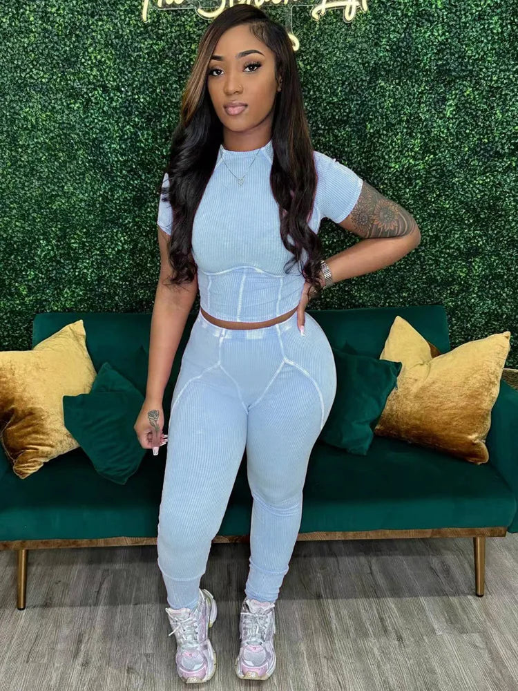 Kricesseen Breaking The Rules Mineral Wash Set Two-Piece Outfits Casual Ribbed Tracksuits Set Night Club Outfits Fitted Overalls