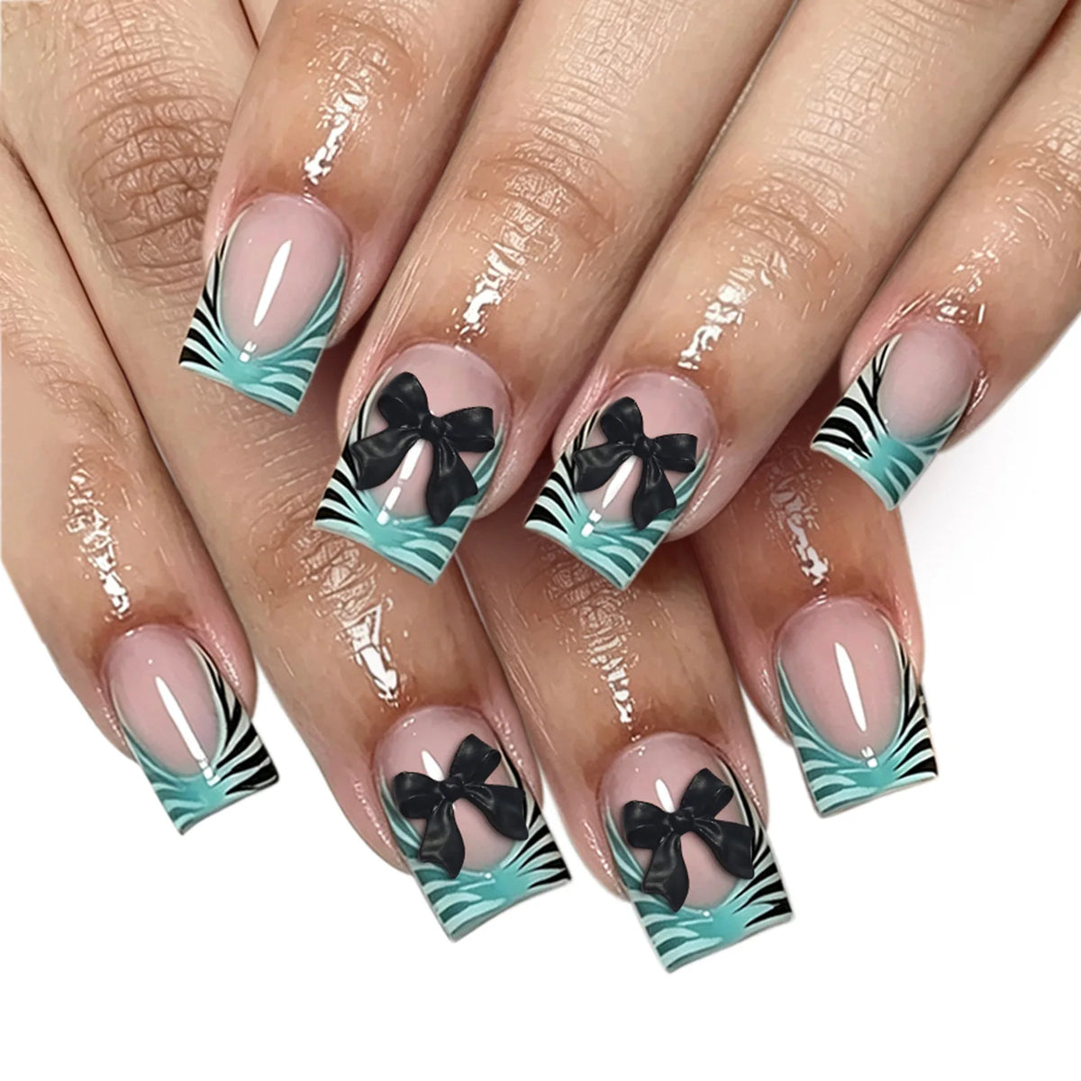 24pcs White 3D Bowkknots Press On Nails Black Leopard Print French Style False Nails Metal Rhinestone Stars Decor Y2k Fake Nail