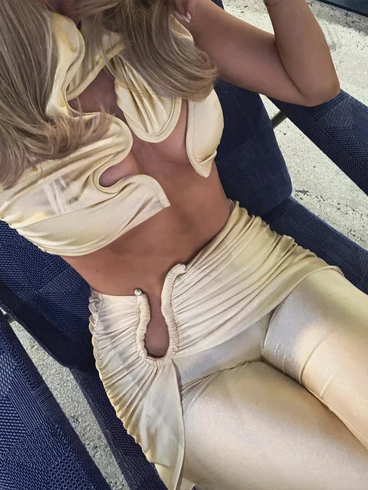 Weird Puss Wire Folds 2 Piece Set Women Chic Y2K Hollow Sliky Tank Tops+Shirring Pants Female Trend Sexy Street Matching Suits