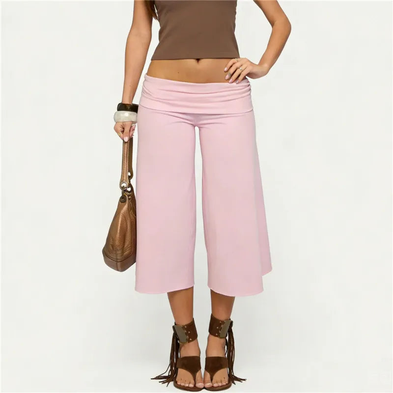 Y2K Women's Low Waist Wide Leg Capri Pants Fold Over Waist Flare Cropped Pants Casual Solid Color Summer Streetwear Trousers