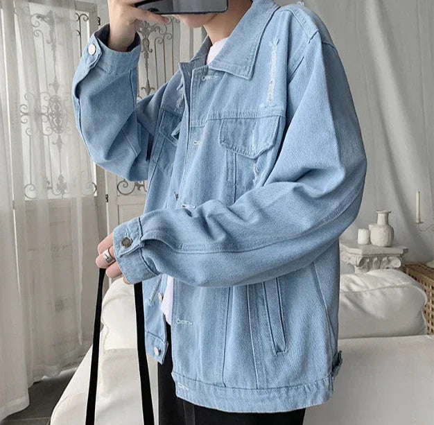 Button Short Casual Slim Cowboy Coat for Men Korean Popular Clothes Denim Jackets Man Loose New In Designer Branded Rock Lxury