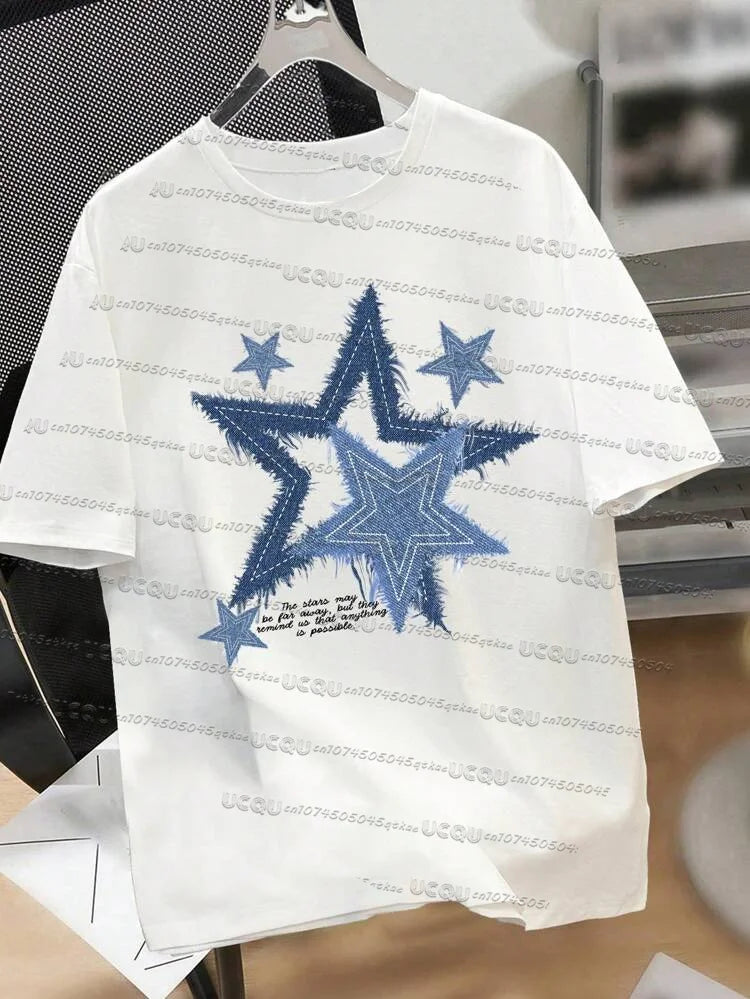 Melted Star Pattern Printed Cotton Short Sleeved O-Neck Loose Breathable Street Tee Summer Women'S Fashionable Home Clothing Top