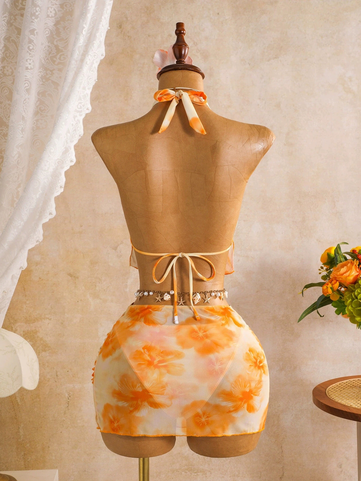 DEKA Orange Floral Print Bikini Set 2026 Women 3D Flower Push Up Top Pleate Skirt 3 Piece Swimsuit Beach Bathing Suit Swimwear