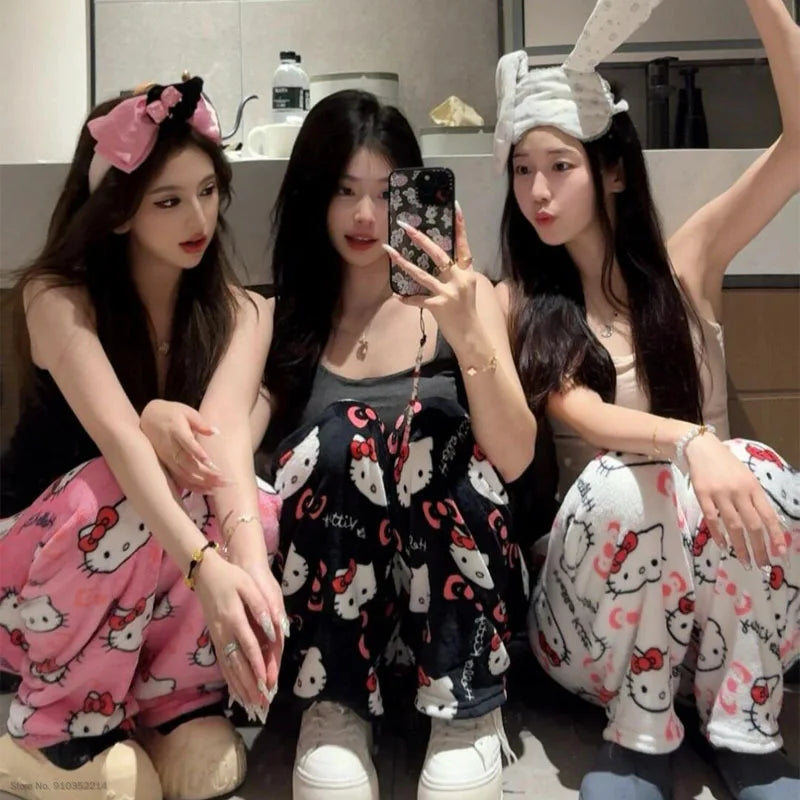 Sanrio Hello Kitty Soft Flannel Wide Leg Pajama Pants Printed Casual Home Loungewear For Women Daily Sleeping Relaxing Wear