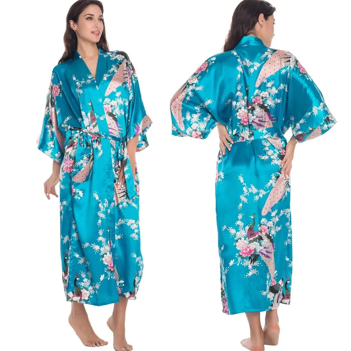 Plus Size Print Flower Long Robe Kimono Gown New Female Sleepwear Bathrobe Home Dress Loose Silky Satin Night Clothes Loungewear