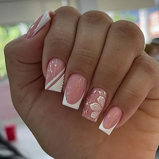 24pcs Short French Press on Nails White Flower Stripes Print Fake Nail Tips Full Cover Wearable Square Head False Nail Tips