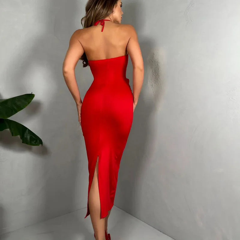 Fashion 3D Floral Backless Halter Cut Out Long Dress Women's Hollow out Solid Sexy Bodycon Dress Summer Club Party Clothing 2025