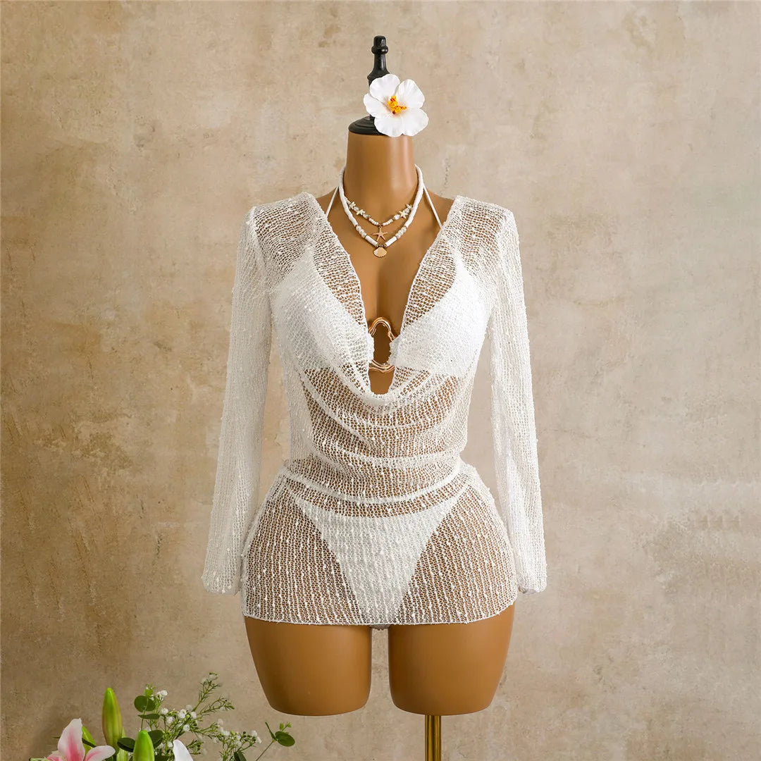 Sexy With Long Sleeve Dress Halter Bikini Women Swimwear Female Swimsuit Three-pieces Bikini set Bather Bathing Suit Swim V7925