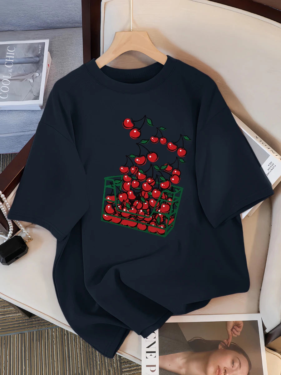 A Basket Of Cherries Printing Female Tee Shirt Breathable Casual T-Shirts Summer Short Sleeve Soft Loose Streetwear Women