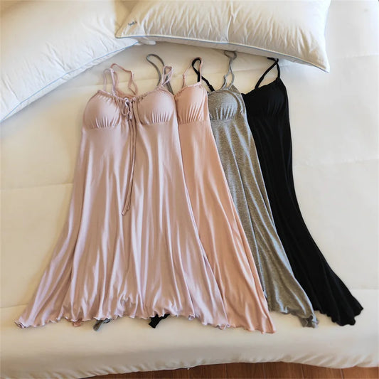 Sexy Nightgown Women Sling Night Dress Chest Pad Sleepwear Nightshirt Modal Ladies Slim Nightwear Casual Home Sleep Shirt