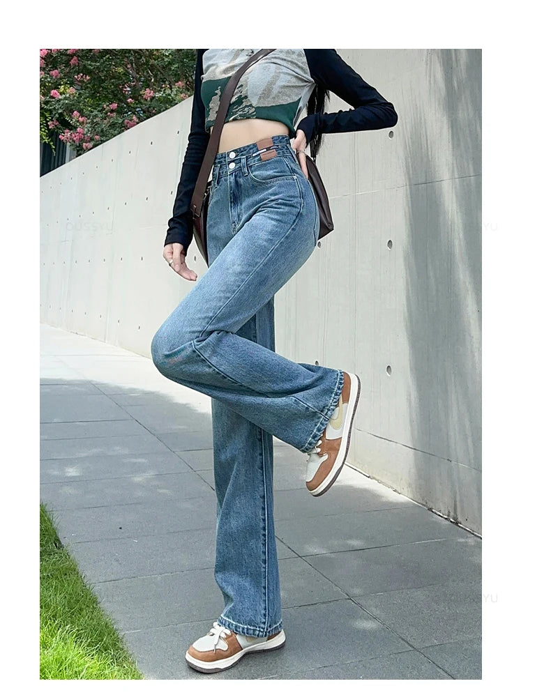 OUSSYU Woman Jeans High Waist Straight Wide Leg Cotton Denim Clothing Blue Streetwear Vintage Fashion Harajuku Women Trousers