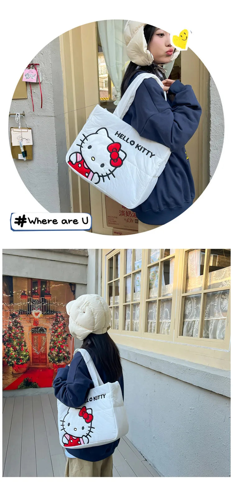 Sanrio Kawaii Hello Kitty Kuromi Tote Bags Cute My Melody Pochacco Cartoon Down Cotton Large Capacity Shoulder Bag Gifts Girls