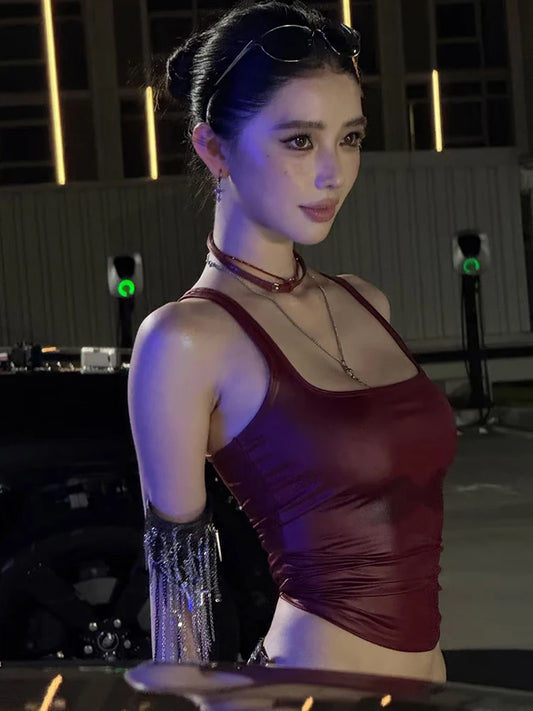 Weird Puss Faux Leather Camisole Tops Women Y2K Coquette Square Collar Skinny Midnight Street Club Trend Hottie Wild Basic Vest