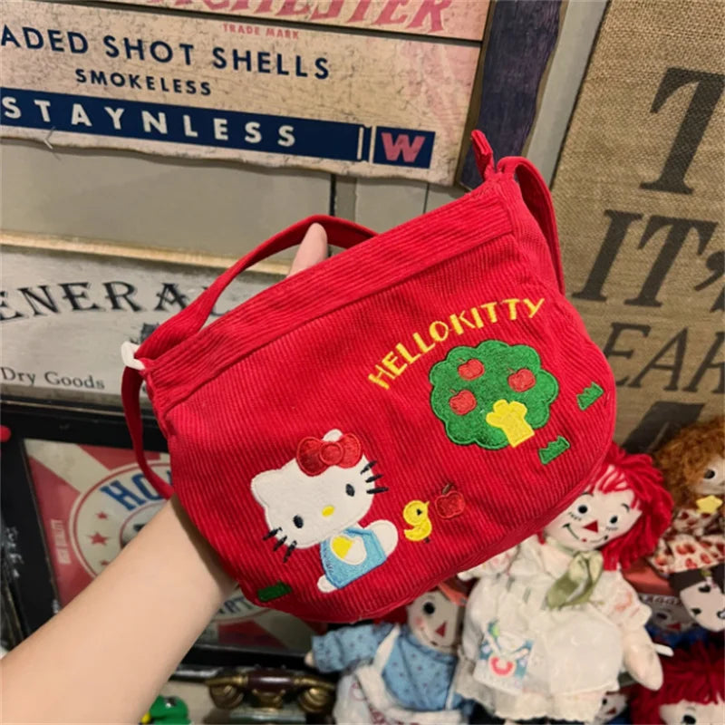 Kawaii Retro Red Cartoon HelloKitty Crossbody Bag Cute Japanese Girl Fashionable Corduroy Shoulder Bag Storage Bag Children Gift