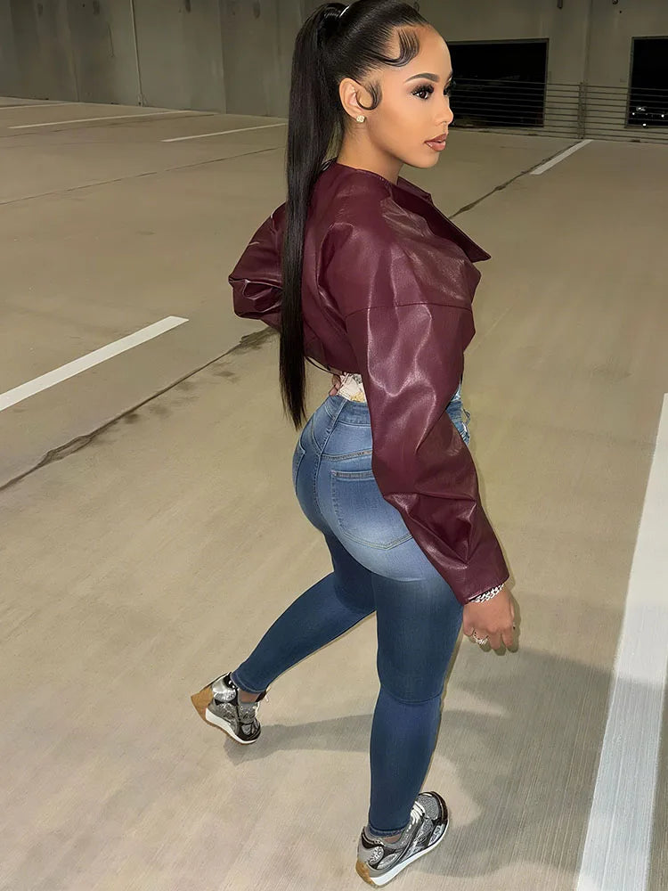 Faux Leather Irregular Crop Jacket — Women's Streetwear Coat