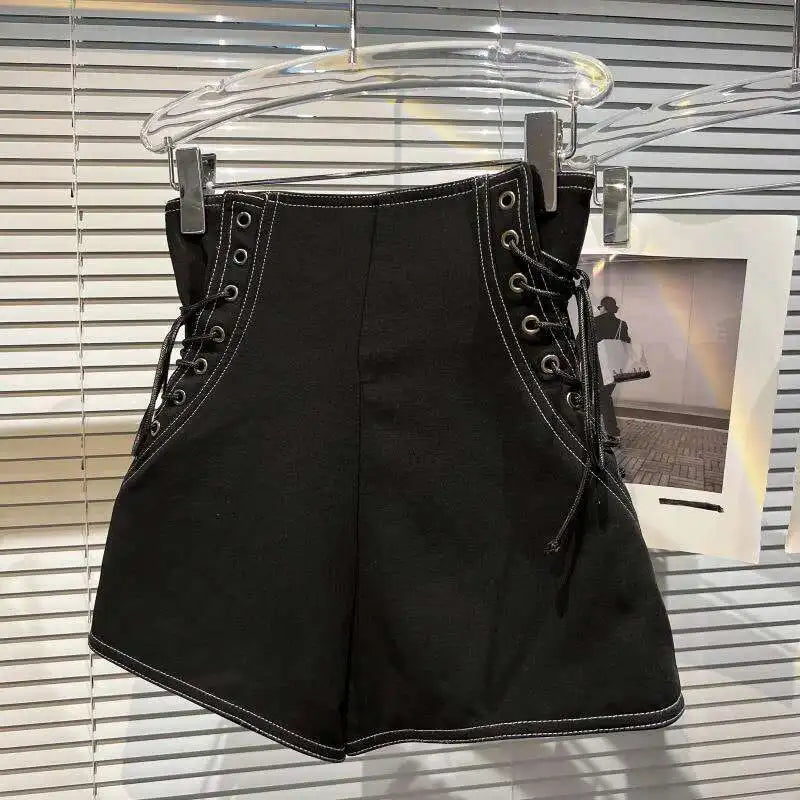 DEAT Women's Fashion High Waist Zipper Design Shorts Trendy Casual A-line Side Straps Short Pants Female Spring New 11A02658