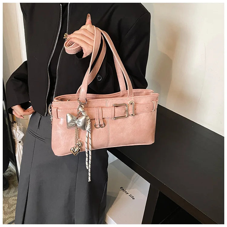 Belt Buckle Design Shoulder Satchels Bag for Women 2025 New in Luxury Designer Handbags Branded Fashion Totes with Pendant Сумка