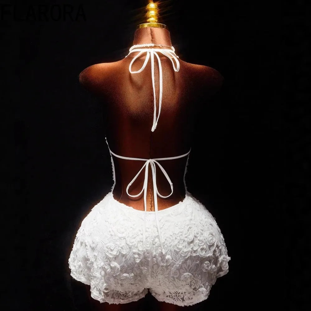 FLARORA Elegant Floral Patchwork Bodysuits Woman Sexy Halter Sleeveless Backless Lace Up Playsuits Chic Party Clubwear Rompers