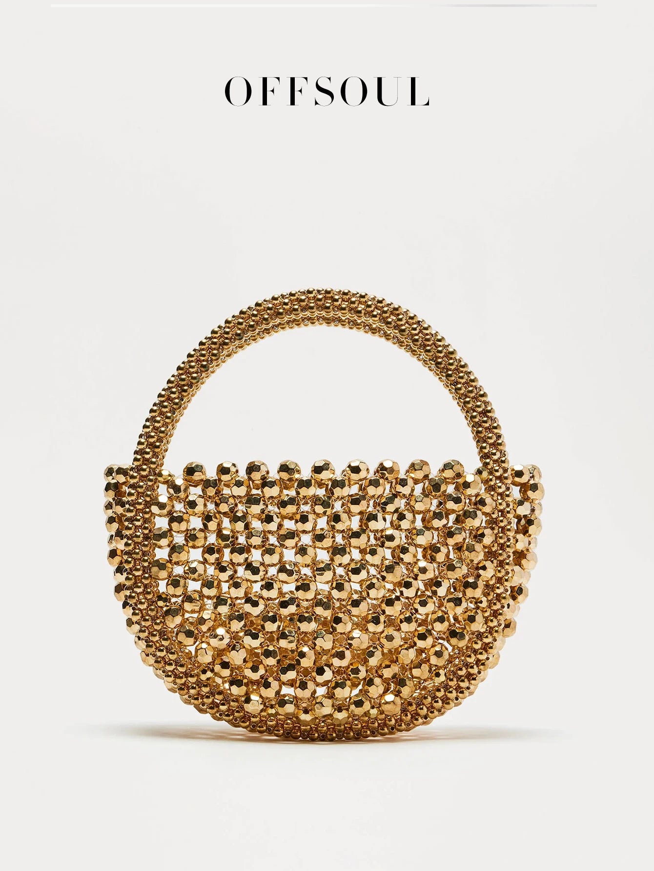 Hollow Hand-Made Metal Sense Gold Beads Woven Handbag Half-Round String Beads Pearl Bag Round Handbag